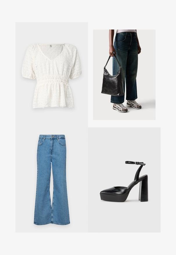 Biely krátky rukáv top z textúrovanej látky s výstrihom do V, elastickým pásom a zložitým diamantovým vzorom po celom povrchu.; Svetlomodré rozšírené džínsy vyrobené z denimu, s vysokým pásom, piatimi vreckami a jednopoložkovým zapínaním na gombík. Mäkká textúra s vyblednutým povrchom.; Čierne platformové podpätky so špicatou špičkou a nastaviteľným členkovým remienkom. Vyrobené z hladkej kože a so robustným blokovým podpätkom.; Čierna kožená taška cez rameno s hladkou textúrou a nastaviteľným popruhom, skombinovaná s vyblednutými širokými džínsy a športovými teniskami.