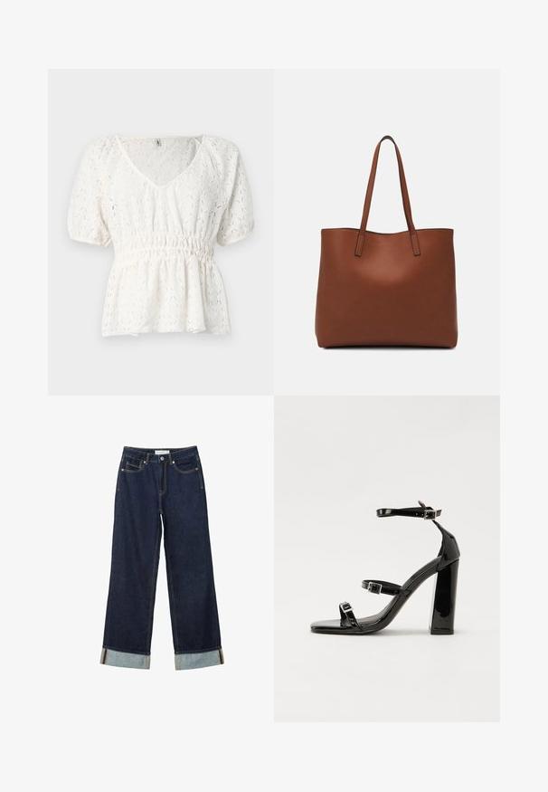 Vit t-shirt med kortärm i texturerat tyg, V-ringning, elastisk midja och intrikat diamantmönster genom hela.; Mörkblå vida jeans med hög midja, utrustade med uppvikta fållar, kontrasterande sömmar och femficksdesign. Tillverkade av denimtyg.; Svarta lackerade klacksandaler med fyrkantig tå, ankelremmar och silverfärgade spännen. Har en kraftig blockklack för stabilitet.; Brun läder tote-väska med en slät textur, öppen toppdesign och två axelremmar. Har minimal söm och ingen synlig metalldetalj.