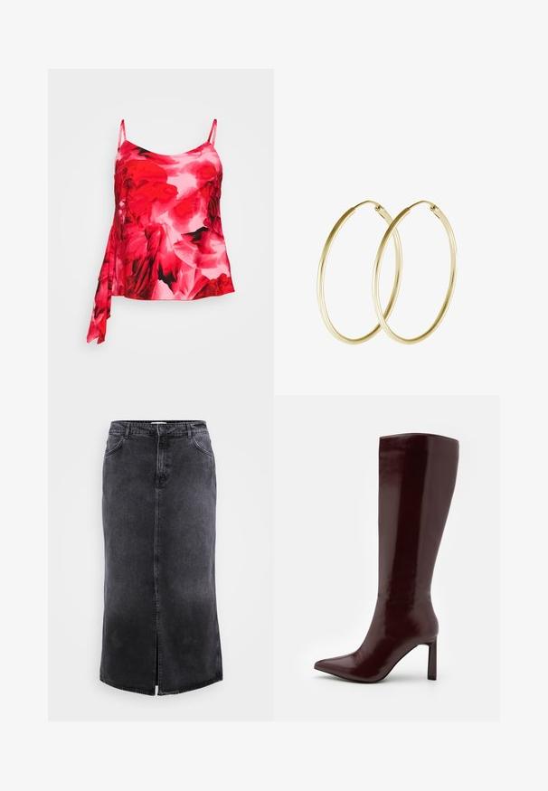 Top floral sem mangas em tons de vermelho e rosa, feito de um tecido suave e leve, com um lado drapeado e alças ajustáveis.; ONLY Carmakoma CARCILLA LONG SLIT SKIRT - Saia comprida - washed black; Even&Odd Botas - dark red; Brincos de argola em ouro com um design liso e arredondado, com um acabamento brilhante. Construção leve com fecho de segurança.