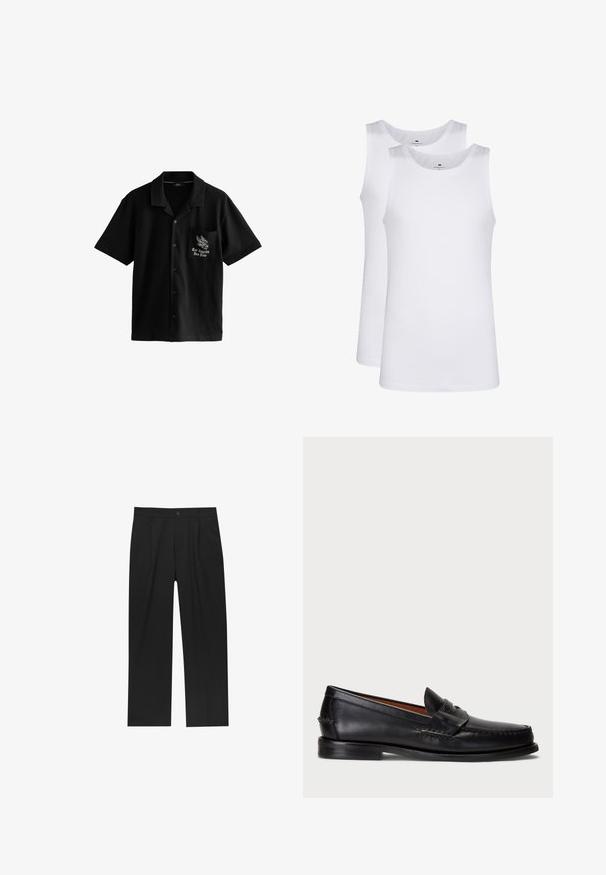 Černá košile s krátkým rukávem vyrobená z jemného materiálu, s knoflíkovou légou, špicatým límcem a kapsou na levé straně hrudi se designem orla a textu.; Bílé bavlněné tílka, bez rukávů, kulatý výstřih, hladká textilie, vyrobená z měkkého, lehkého materiálu. Zobrazeny dva kusy.; Černé kalhoty s rovnými nohavicemi, vyrobené z hladké tkaniny. Mají přední záhyby a jedno knoflíkové zapínání v pase.; Černé kožené mokasíny s kulatou špičkou, prošívanými detaily a dekorativním páskem přes přední část. Plochá podrážka s minimálním profilem.