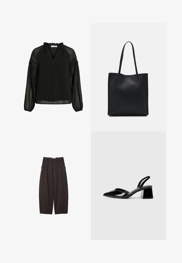 Czarna bluzka z dekoltem w kształcie litery V, falbaniastym wykończeniem dekoltu, przezroczystymi długimi rękawami oraz koronkowymi akcentami na ramionach. Lekki, zwiewny materiał.; Czarne spodnie o szerokich nogawkach wykonane z gładkiego materiału, z wysokim stanem, plisami z przodu i bocznymi kieszeniami. Prosty fason bez zdobień.; Czarne lakierowane półbuty na obcasie z wydłużonym noskiem i geometrycznym słupkiem. Charakteryzują się eleganckim, minimalistycznym designem oraz gładką fakturą.; Czarna skórzana torba tote o gładkiej fakturze, prostokątnym kształcie i dwóch długich uchwytach. Brak widocznych elementów metalowych i ozdób.