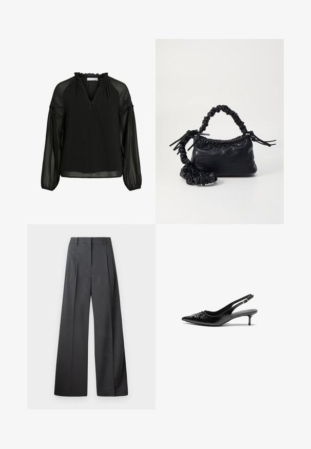 Svart bluse med V-hals, volangkant, gjennomsiktige lange ermer og blonder detaljer på skuldrene. Lett og luftig stoff.; Vide bukser i mørkegrått stoff med høy livlinje, enkel press, og en glatt tekstur med en ren finish på ermekantene.; Sorte skinnert remsandaler med spiss tå, liten kittenhæl og en dekorativ knute detalj foran. Glatt tekstur gjennom hele.; Svart faux skinn-håndveske med krokodilletekstur, strammet topp og en rynket stropp. Ser myk og kompakt ut i designen.