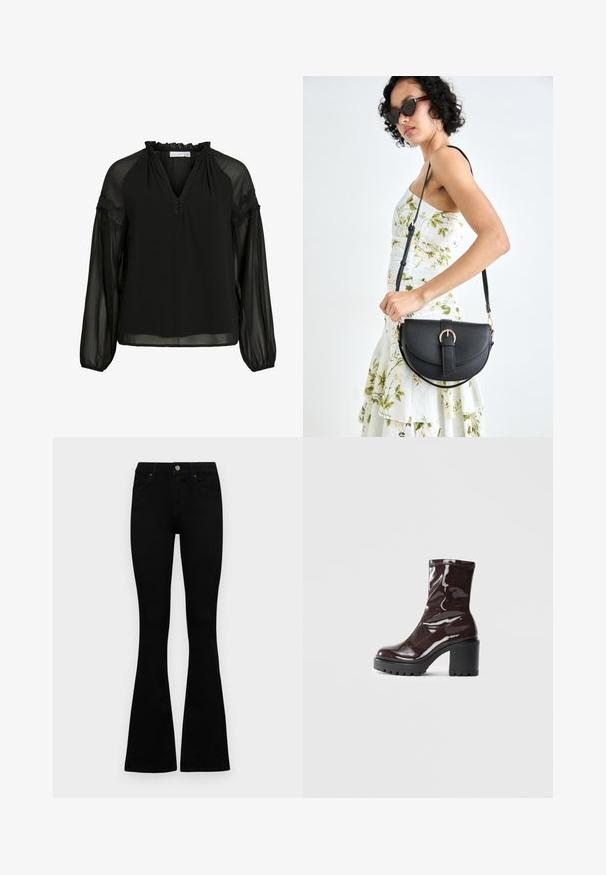 Juoda palaidinė su V-formos iškirpte, raukšlėta iškirpte, permatomomis ilgomis rankovėmis ir nėriniais ant pečių. Lengva, plazdanti medžiaga.; Juodos aukšto liemens džinsai su mygtuku ir užtrauktuku, priekinėmis kišenėmis ir platėjančiomis kojomis, išdėstyti ant baltos fono.; Blizgus burgundių spalvos kulknapis su tankiu juodu kulnu, pasižymintis lygiu paviršiumi ir paprastu dizainu. Nėra matomų užsegimų ar raštų.; Juodas odinis krepšys su išlenkta forma, nuimamu dirželiu ir auksiniais detalėmis. Krepšys turi kilpą su sagtimi.