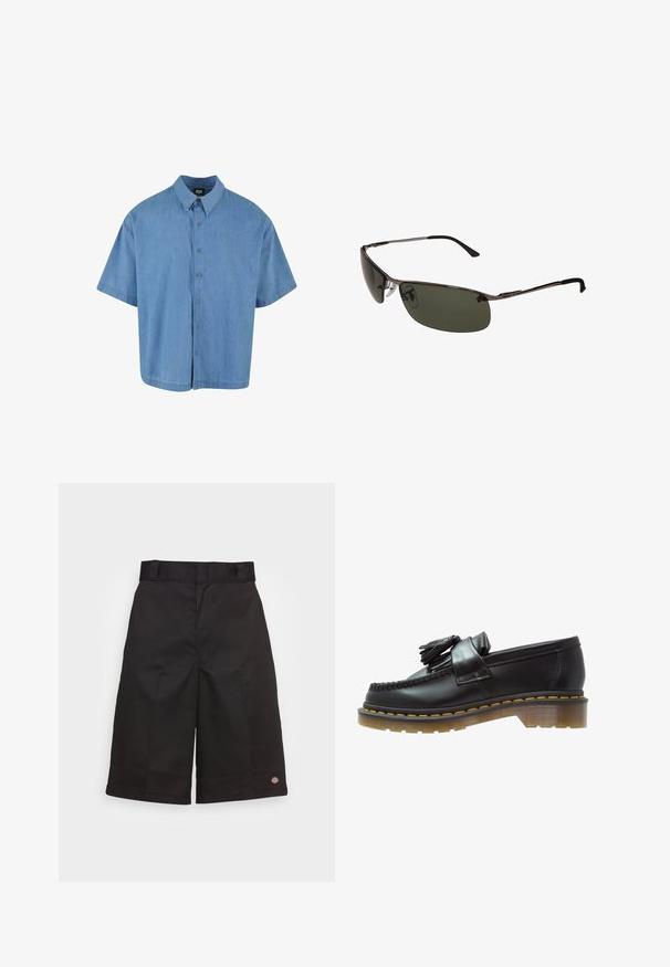 Hellblaue kurzärmlige Button-up-Hemd aus Denim. Verfügt über einen klassischen Kragen und sechs Knopfverschlüsse an der Vorderseite.; Schwarze Baumwollshorts mit geradem Schnitt, knielang, mit sichtbar eingesticktem Markenzeichen am Saum und einer glatten Textur.; Schwarze Lederloafer mit strukturiertem Finish, ausgestattet mit einer dekorativen Quaste und kontrastierenden gelben Nähten, auf einer klobigen, transparenten Sohle.; Sonnenbrille mit dunkelgrünen Gläsern, schlankem Metallrahmen, geschwungenem Design und verstellbaren Nasenpolstern. Verfügt über dünne, schwarze Bügel.