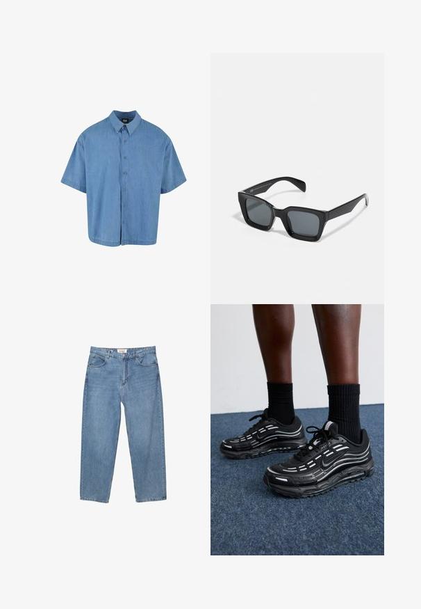 Cămașă scurtă cu mânecă, de culoare albastru deschis, din denim. Are un guler clasic și șase butoane pe față.; Jeans din denim albastru deschis, cu croială dreaptă, design cu cinci buzunare și o etichetă de brand vizibilă la talie.; Pantofii negri Nike au un superior din plasă cu dungi accentuate, șireturi texturate și o talpă din cauciuc negru. Purtați cu șosete negre cu model rib. ; Ochelari de soare rectangulari negri cu lentile întunecate. Ramă din plastic cu un finisaj lucios, având un pod lat și brațe ușor înguste.