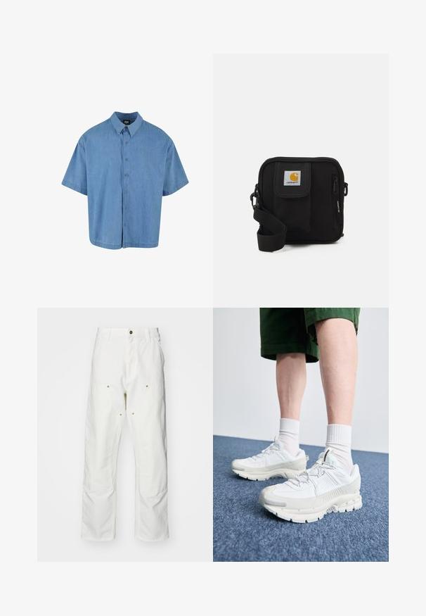 Svetlomodrá krátkorpová košeľa na gombíky vyrobená z denimu. Má klasický golier a šesť gombíkových uzáverov vpredu.; Biele bavlnené cargo nohavice s voľným strihom. Medzi vlastnosti patrí predné vrecká, zlaté detaily a zosilnené kolenné časti.; Biele športové topánky s textúrovanými prešívaniami, robustnou podrážkou a sivými akcentami. Nosené s bielymi ponožkami po členky a zelenými šortkami na modrom povrchu.; Čierna crossbody taška so zipsom, hlavnou priehradkou, prednou kapsou, nastaviteľným popruhom a viditeľnou nášivkou loga na klape.
