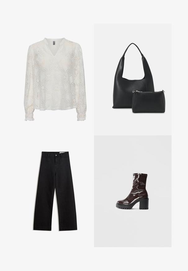 Ivory színű csipkeblúz V-nyakkivágással, hosszú puff ujjal, virágmintával és rakott mandzsettával. Könnyű, texturált anyag.; Fekete, bő szabású farmernadrág magas derékkal, elülső és hátsó zsebekkel, varrott felületekkel és gombos záródással. Sima textúra.; Fényes bordó bokacsizma vastag fekete sarokkal, sima felülettel és egyszerű dizájnnal. Nincsenek látható zárak vagy minták.; Even&Odd Kézitáska - black