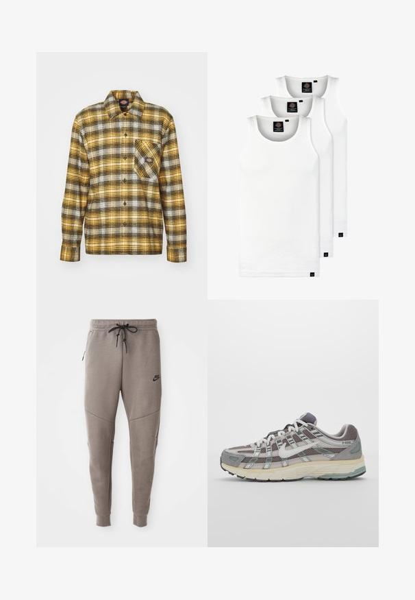 Patentuotas flanelinis marškinis geltonos, juodos ir baltos spalvų. Yra priekinė kišenė, mygtukų uždarymas, ilgomis rankovėmis ir standartinė apykaklė.; Trys balti, dryžuoti marškiniai be rankovių, pagaminti iš medvilnės. Yra apvalus kaklas ir maži juodi etiketės netoli siūlės. Siūlomi įvairių dydžių.; Pilkos Nike kelnės su raišteliu liemenyje, siaurėjančiomis kojomis, šoninėmis kišenėmis ir išskirtiniais siūlų detalėmis. Minkšta, tekstūruota medžiaga.; Pilkas sportinis batas su tinklu ir zomšos viršutine dalimi, baltomis detalėmis, paminkštintu padu ir išskirtiniu dizainu su atspindinčiais elementais.