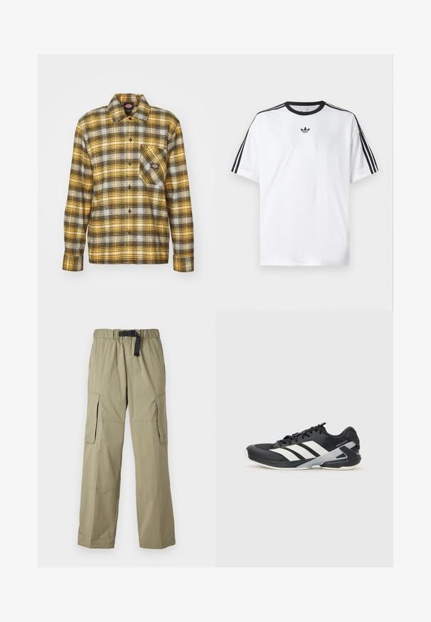 Raibais flaneļa krekls dzeltenā, melnā un baltā krāsā. Aprīkots ar priekšējo kabatu, pogu aizdari, garām piedurknēm un standarta apkakli.; Baltā T-krekla izgatavots no kokvilnas, ar melnu apaļu kakla izgriezumu un trim melnām svītrām uz katra pleca. Mazs melns logo uz krūtīm.; Gai oliņu krāsas cargo bikses ar elastīgu jostu un jostu, aprīkotas ar divām sānu kabatām un gludu tekstūru, kas izstrādātas komfortam un funkcionalitātei.; Melnas sporta kurpes ar baltām svītrām, acs augšdaļa, noapaļots pirksts un mīksts zole. Iespējams ar teksturētu papēdi un drošu šņoru sistēmu.