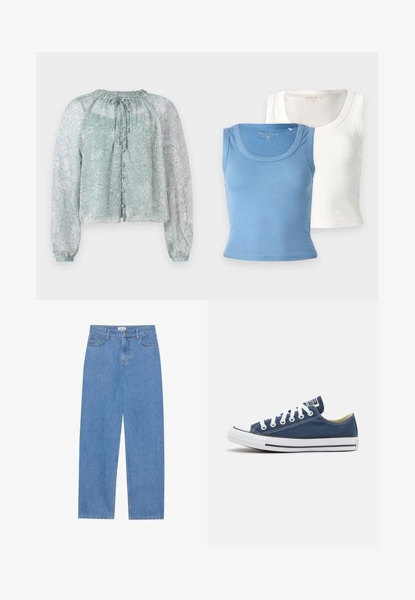Lys blå gjennomsiktig bluse med blomsterdesign, samlet hals, lange puffede ermer og knappelukking foran.; To ribbet tanktopper: en lys blå og en hvit. Hver av dem har en rund halslinje og en tilpasset silhuett som fremhever stoffets tekstur.; Lyseblå denimjeans med rett snitt, fem lomme-design, enkelt knappelukking og subtile sømdetaljer.; Lette sneakers i marineblått med hvite øyer og lisser, med en hvit gummitåhette og en svart stripe langs sålen.