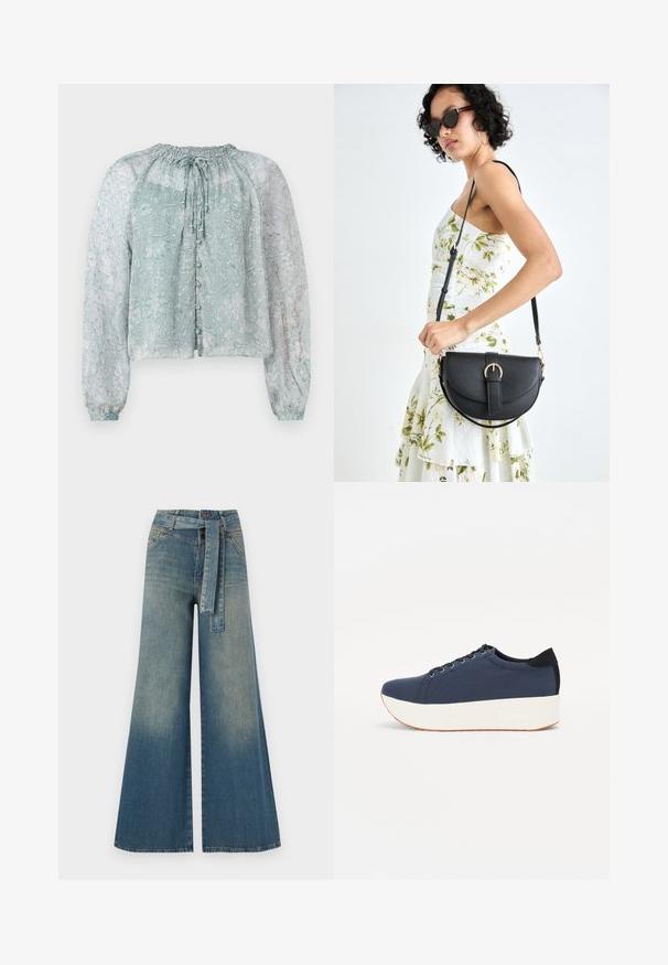 Vaaleansininen läpikuultava paita, jossa on kukkakuvio, kerätty kaula-aukko, pitkät puffihihat ja napitus edessä.; Yksiväriset farkut leveällä lahkeella, joissa on vaaleasta tummansiniseen häipyvä väri, korkea vyötärö, vyölenkit ja yhteensopiva kangasvyö. Rakennefarkkujen pinta.; Sotilaspunainen tennari, jossa on teksturoitu kangasyläosa, valkoinen alustan pohja, pyöreä kärki ja musta kantapääkorostus. Varustettu kuudella nyörille tarkoitetulla reikällä.; Musta nahkainen käsilaukku, joka on kaareva muotoilultaan, irrotettavalla hihnalla ja kultaisilla yksityiskohdilla. Laukussa on läppä, jossa on solk yksityiskohta.