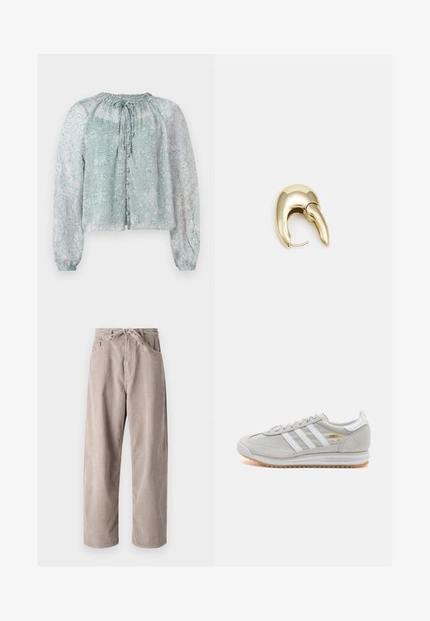 Light blue sheer blouse with floral pattern, gathered neckline, long puff sleeves, and button closure at the front.; Beige corduroy trousers with a loose fit, featuring a drawstring waist, two front pockets, and vertical ribbed texture.; Light grey sneaker made of suede and mesh, featuring three white stripes, round toe, and a gum rubber sole. Gold logo accent near laces.; Gold-tone metal earring with a sleek, curved design. Features a distinctive pointed shape, polished surface, and hinge closure.
