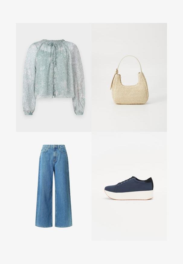 Svetlomodrá priehľadná blúzka s kvetinovým vzorom, zhrnutým dekoltom, dlhými balónovými rukávmi a gombíkovým zapínaním na prednej strane.; Džínsy so širokými nohavicami vyrobené z svetlomodrého denimu, s vysokým pásom, dvoma prednými vreckami, pútkami na opasok a jemnou textúrovanou vzorovanou štruktúrou.; Námornícky modré tenisky s textúrovaným textilným zvrškom, bielou platformovou podrážkou, zaoblenou špičkou a čiernym akcentom na päte. Obsahujú šesť otvorov na šnúrky.; Tkaná slamenná kabelka v béžovej farbe s oblým tvarom, krátkym uškom a bočným zipsom. Má textúrovaný povrch a minimalistický dizajn.