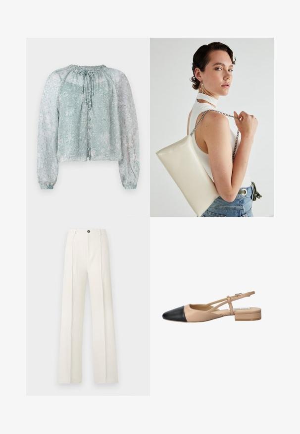 Gaiši zila caurspīdīga blūze ar ziedu rakstu, savilkta apkakle, garām pūkainām piedurknēm un pogu aizdari priekšā.; Baltas, plašs kāju bikses ar augstu jostas vietu, ar diviem priekšējiem krokām, vienu pogu aizdari un kabatām. Gluda auduma tekstūra.; Beidzējais un melns divu tonā sūkņis ar norāvu, ar norādītu pirkstu, plakanu papēdi un krustojuma siksnu detaļu. Gluda ādas tekstūra.; Balts taisnstūra clutch soma, izgatavota no spīdīga materiāla, ar sudraba ķēdes siksnu. Modelis pozē, demonstrējot somu uz vienkārša fona.