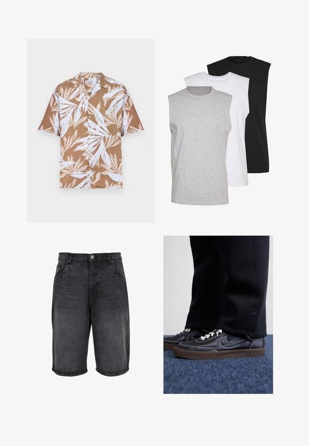 Korte mouwen bruine button-up shirt met witte tropische bladerenpatronen, gemaakt van lichte stof met een ontspannen pasvorm en een klassieke kraag.; Drie mouwloze T-shirts in grijs, wit en zwart. Zacht katoenmateriaal met een ronde hals en een relaxte pasvorm. Eenvoudig ontwerp, geen patronen.; Zwarte denim short met een relaxte pasvorm, vijf zakken en een knoopsluiting. De stof heeft een zachte textuur met subtiele vervaging.; Nike Sportswear KILLSHOT 2 LTR PRM OPP2 - Sneakers laag - black sail baroque brown mtlc dk grey