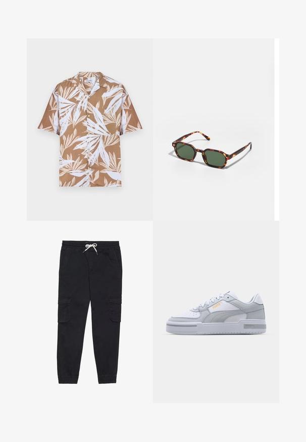 Kratka smeđa košulja s kratkim rukavima s bijelim uzorcima tropskog lišća, izrađena od lagane tkanine s opuštenim krojem i klasičnim ovratnikom.; Crne cargo hlače od pamuka, s elastičnom sredinom struka i vezicom, bočnim džepovima i suženim rubovima.; Sive i bijeli tenisice s glatkom kožom na gornjem dijelu, perforiranim vrhom, vezanjem, teksturiranim detaljima i suptilnim zlatnim logom.; Tortoiseshell sunčane naočale s zelenim lećama, sa osmerokutnim oblikom i tankim, zakrivljenim drškama. Materijal ima sjajnu završnu obradu.