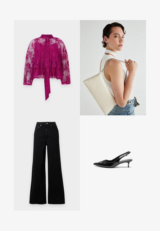 Magenta Spitze Bluse mit langen Ärmeln, durchscheinendem Stoff, floraler Stickerei und gebundenem Kragen. Sie hat ein geschichtetes Design und einen ausgestellten Saum.; Schwarze Jeans mit weitem Bein, gefertigt aus Denim, mit hoher Taille, fünf Taschen, vorderer Knopfverschluss und minimalen Nahtdetails.; Schwarze Leder-Slingback-Absätze mit einer spitzen Zehenform, kleinen Kitten-Absätzen und einem dekorativen Knoten-Detail auf der Vorderseite. Glatte Textur über die gesamte Fläche.; Weiße rechteckige Clutch aus glänzendem Material mit einem silbernen Kettenriemen. Das Model posiert und präsentiert die Tasche vor einem schlichten Hintergrund.