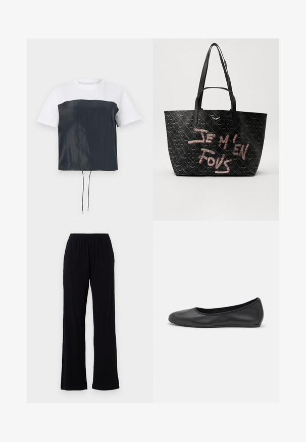 Kratka majica s kratkimi rokavi, ki ima zgornji del iz belega bombaža in spodnji del iz temno sive, sijajne poliestrske tkanine z nastavljivim vrvico na robu.; Črne, lahke, elastične hlače z ravnim krojem. Mehka tekstura brez vidnih vzorcev ali dodatkov. Preprost in vsestranski slog.; Črne usnjene balerinke z zaobljenim nosom, gladko teksturo, minimalnimi šivi in fleksibilno zasnovo podplata.; Črna torba z ramenskimi trakovi, izdelana iz teksturiranega materiala z diamantom vzorcem, ter drznim rdečim in belim besedilom "JE M'EN FOUS."