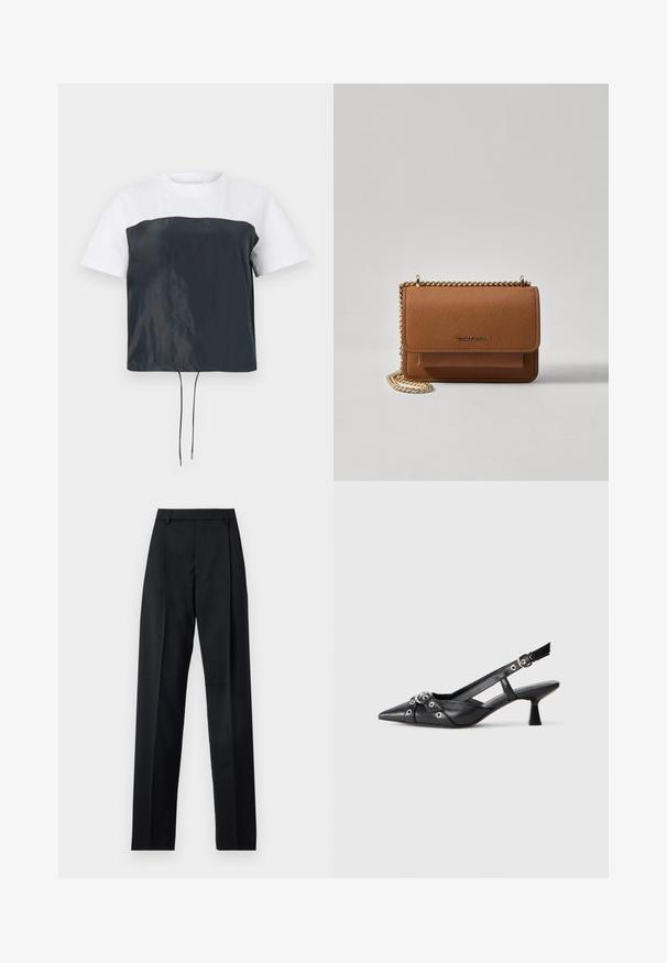 T-shirt cropped de manga curta com parte superior em algodão branco e parte inferior em poliéster cinza escuro brilhante, com bainha ajustável por cordão.; Calças pretas feitas de um tecido suave, com uma cintura alta, pernas largas, pregas frontais e passadores de cinto clássicos. Não há bolsos laterais visíveis.; Sapato slingback em couro preto com biqueira fina, tiras decorativas com ilhós de metal e um pequeno salto quadrado. Superfície texturizada.; Bolsa crossbody de couro texturizado castanho com alça de corrente dourada e fecho com aba. A parte da frente apresenta detalhe do logótipo e um bolso sob a aba.