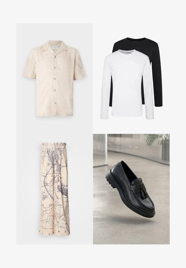 Lyhythihainen, beige paita, jossa on hienovarainen kukkakuosi ja viisi nappia edessä, valmistettu kevyestä kankaasta.; Kaksi pitkähihasta paitaa, yksi musta ja yksi valkoinen, puuvillasta valmistettuja, pyöreäkaula-aukolla ja sileällä pinnalla, esillä pinoamalla.; Housut leveillä lahkeilla, joissa on merikarttatulostus tummansinisenä beige-taustalla. Vyötärössä on laskoksellisia yksityiskohtia ja rento istuvuus.; Mustat nahkaiset loafersit, joissa on sileä pinta, koristeellinen hapsu, paksu kumipohja ja ommellut yksityiskohdat. Kevyt ja virtaviivainen muotoilu.