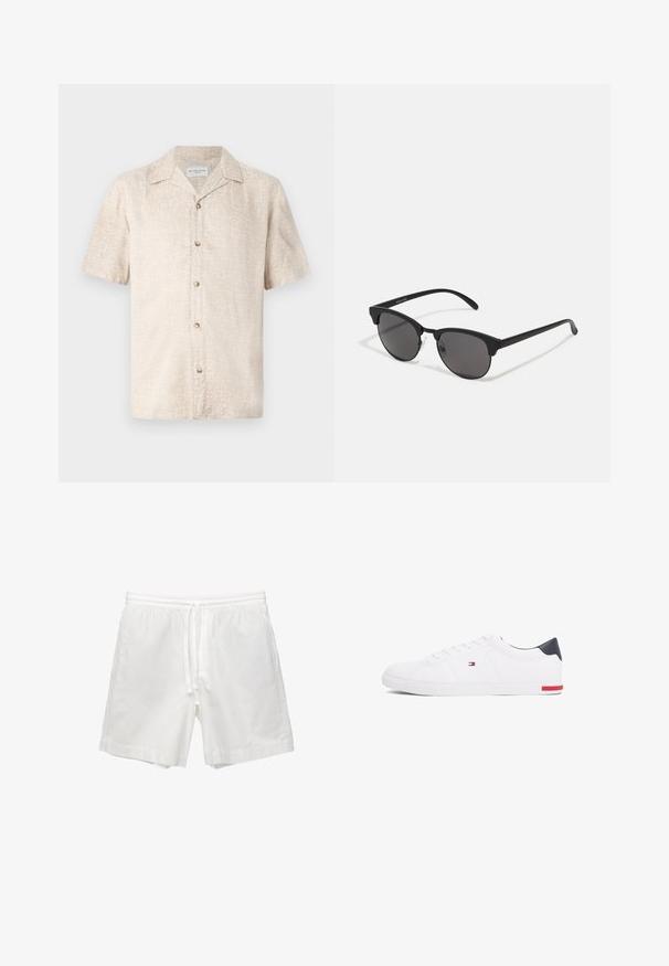 Rövidujjú, bézs ing, amely finom virágmintával és öt gombbal rendelkezik az elején, könnyű anyagból készült.; Fehér pamut rövidnadrág, rugalmas derékkal és zsinórral, oldalsó zsebekkel és egyenes szabással, befejezett szegéllyel.; Fehér alacsony szárú sneaker sima bőrből. Tengerészkék sarokvédővel és piros díszítéssel a talpon. Hat fűzőlyuk a fűzők számára.; Fekete napszemüveg kerek lencsékkel, matt felülettel és jellegzetes macska szem formával. Vékony szárak, a bal oldali templomon diszkrét márkajelzéssel.
