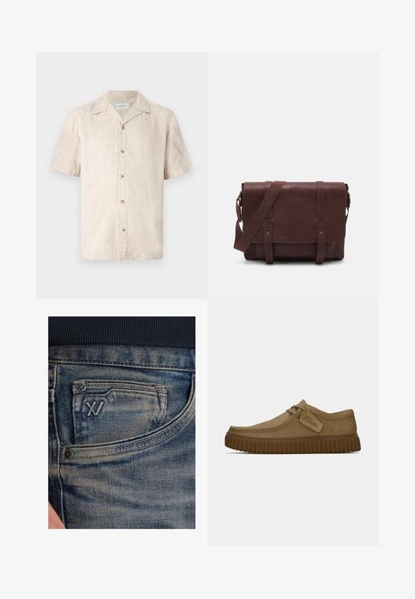 Camicia beige a maniche corte con un sottile motivo floreale e cinque bottoni frontali, realizzata in tessuto leggero.; Jeans di denim blu con una trama sbiadita, dotati di una tasca portamonete e un accento di logo nero sulla parte anteriore. La vita è in tessuto a coste blu scuro.; Scarpe in suede marrone chiaro con punta arrotondata, dettagli cuciti e suola in gomma marrone a righe. Presentano un'etichetta laterale con il logo "Clarks".; Borsa a tracolla in pelle marrone con un davanti piatto, due cinghie, dettagli in metallo dorato e una tracolla regolabile.