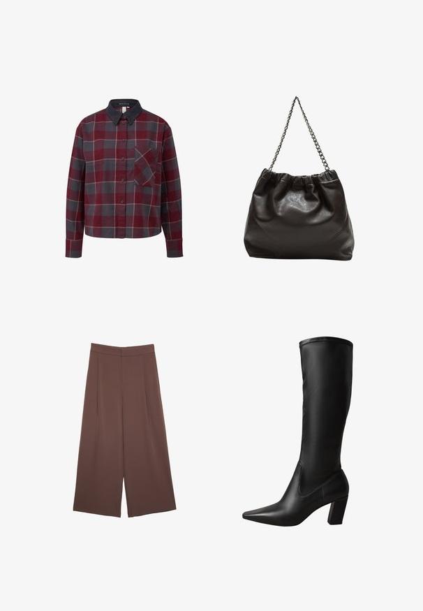 Karierte Button-Up-Hemd mit roten, grauen und weißen Quadraten. Aus Baumwolle, mit einem Cordkragen und einer Brusttasche. Lange Ärmel.; Braune Weite-Leg-Hosen mit einer glatten Textur, hoher Taille und Vorderfalten. Der Stoff ist leicht und fällt locker.; Schwarze kniehohe Stiefel aus Leder mit spitz zulaufender Zehe, Blockabsatz, glatter Textur und figurbetontem Design. Nahtdetails entlang des Schafts.; Braune Lederhandtasche mit gerafftem Oberteil und Kettenriemen. Glatte Textur mit glänzendem Finish und subtilen Nahtdetails an den Seiten.