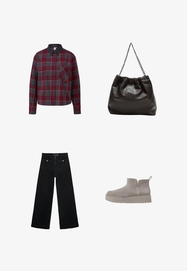 Overhemd met knopen in een geruit ontwerp met rode, grijze en witte vierkanten. Gemaakt van katoen, met een ribfluwelen kraag en een borstzak. Lange mouwen.; Zwarte wijdpijpjans met een hoge taille, voorzien van twee voorzakken en metalen knoopaccenten. De stof heeft een gladde textuur.; Grijze suède enkellaars met een lage profiel, elastische zijkanten en een getextureerde rubberen zool. Voorzien van een trekband voor eenvoudig aan- en uittrekken.; Bruine leren tas met een geplooide bovenkant en een kettinghengsel. Glad textuur met een glanzende afwerking en subtiele naaddetails aan de zijkanten.