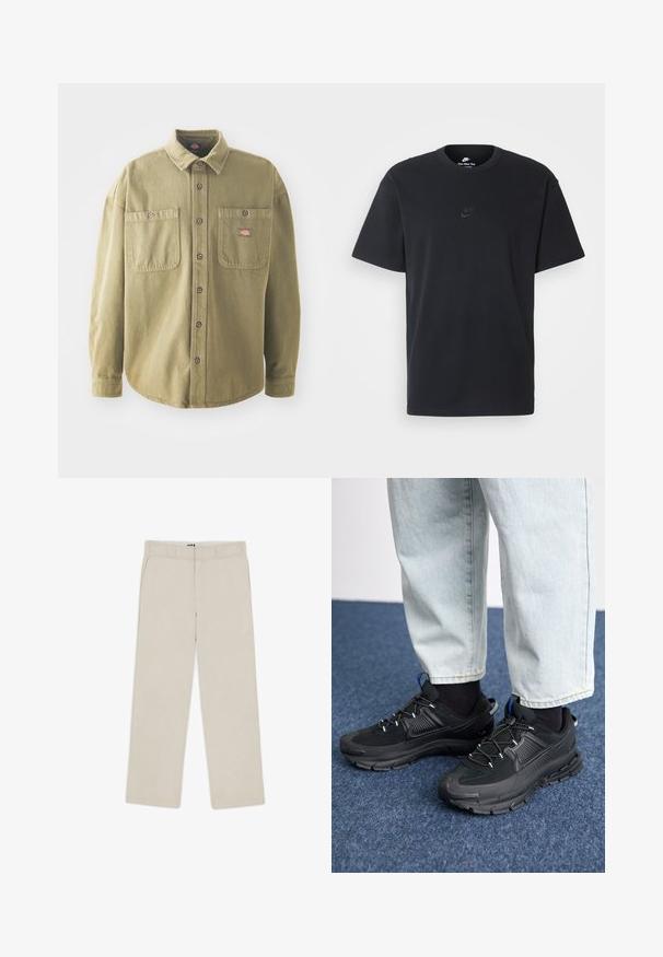 Olivno zelena srajca z gumbi, narejena iz bombaža. Ima dva žepa na prsih, preprost ovratnik in rjave gumbe. Mehka tekstura z sproščenim krojem.; Nike črna bombažna majica z klasičnim okroglim izrezom, kratkimi rokavi in subtilnim, vtisnjenim logotipom na prsih. Gladka tekstura.; Bež hlače širokih nogavic z gladko teksturo, ki imajo zanko za pas, dve sprednji žepu in zadrgo. Minimalističen dizajn.; Črne športne čevlje z teksturirano tkanino in gumijastimi podplati, ki imajo elastične vezalke ter modre poudarke na peti. Nosi se z lahkimi denim hlačami.