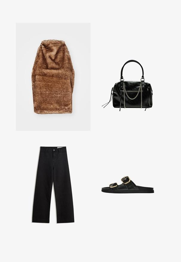 Jaded London ZENE BACKLESS - Top - brown; Pantaloni in denim neri a gamba larga con vita alta, dotati di tasche anteriori e posteriori, cuciture a punto, e chiusura con bottone. Texture liscia.; Infradito neri con due accenti di fibbia dorata, materiale dalla texture liscia, suola piatta e design minimalista.; Bershka WITH CHAIN - Borsa a mano - black