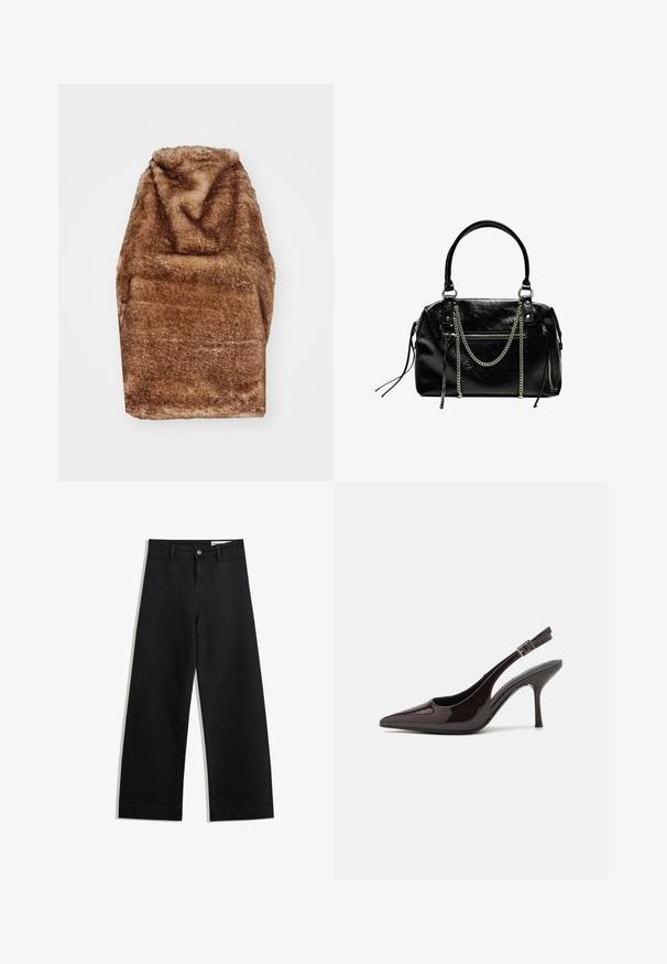 Jaded London ZENE BACKLESS - Top - brown; Sorte wide-leg denim bukser med høj talje, der har front- og baglommer, syede sømme og en knaplukning. Glat tekstur.; Slingback højhælet sko i glat mørkebrun patenteret læder, spids tå, åbne sider og justerbar ankelrem.; Bershka WITH CHAIN - Håndtasker - black