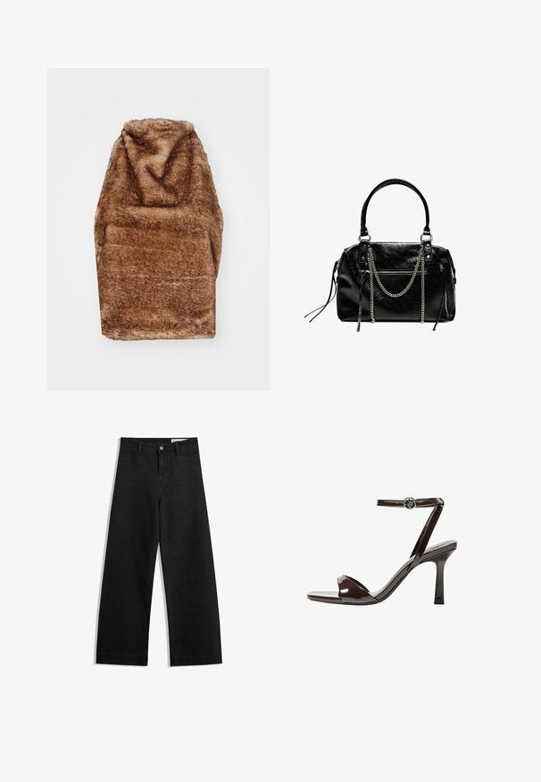 Jaded London ZENE BACKLESS - Toppi - brown; Mustat leveät farkut korkealla vyötäröllä, joissa on etu- ja takataskut, ommellut saumat ja nappisuljenta. Silkinoinen rakenne.; Sandaalit korkean koronan ruskeasta mokkanahasta, jossa on nilkkaremmi, avonainen kärki ja tyylikäs, minimalistinen muotoilu. Varusteena neliön muotoinen korko.; Bershka WITH CHAIN - Käsilaukku - black