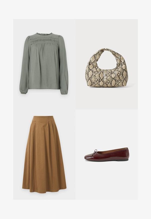 Blusa de manga larga verde claro, fabricada en tejido suave. Presenta detalles fruncidos en los hombros y un panel texturizado en el pecho.; Falda de algodón marrón en corte A con una cintura alta, que presenta plisados en la parte frontal y una textura suave. Los acabados del dobladillo son limpios y simples.; Bailarina de charol burdeos con punta redonda, pequeño lazo en la parte frontal y una suela baja de goma negra. Textura suave.; Bolso de mano con estampado de serpiente y asa curvada. Hecho de materiales texturizados en tonos beige y marrón, con un patrónen diamante distintivo.