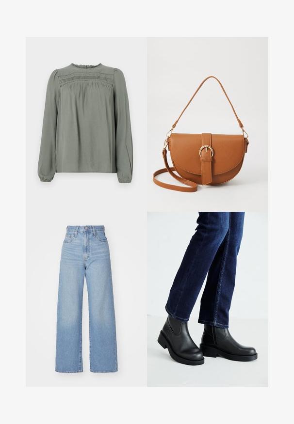 Šviesiai žalia ilgomis rankovėmis palaidinė iš lygaus audinio. Siūlomi surinkti akcentai ant pečių ir tekstūruotas skydas krūtinės srityje.; Šviesiai mėlynos aukšto liemens plačios kojos džinsai su priekiniais užtrauktukais ir sagom, priekinėmis ir galinėmis kišenėmis, ant baltos fono.; Juoda odinė kulkšninių botų su storu padu ir šoninėmis elastinėmis detalėmis, derinama su tamsiai mėlynomis džinsais. Žemė šviesios spalvos.; Ruda odinė kryžminė rankinė, turinti kreivą formą, auksinius metalinius elementus ir sagtį. Yra nuimama petneša.