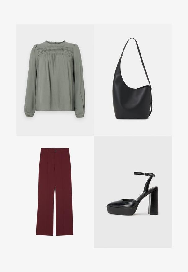 Ljusgrön långärmad blus i mjukt tyg. Har samlade detaljer vid axlarna och en texturerad panel över bröstet.; Burgundierfärgade byxor med breda ben, utrustade med knappstängning, två sidan fickor och veckat framdetalj. Slät tygstruktur.; Svarta plattformsskor med spetsig tå och justerbart vristband. Tillverkade av mjukt läder, med en kraftig blockklack.; Svart läder hobo-väska med en slät textur, kurvig form och en justerbar axelrem; har en bred öppning upptill.
