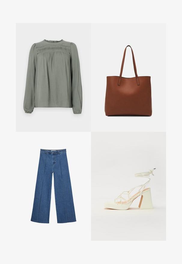 Lysegrøn langærmet bluse lavet af glat stof. Har sammensnøring ved skuldrene og et tekstureret panel over brystet.; Bredde ben denim jeans i mellemblå, med høj talje, knaplukning og kontrasterende lodrette sømdetaljer foran.; Hvide højhælede sandaler med en kraftig hæl, der har et stropdesign og ankelbinding. Glat tekstur med en platform foran for ekstra højde.; Brun læder tote taske med en glat overflade, åben topdesign og to skulderremme. Har minimal syning og ingen synlig hardware.
