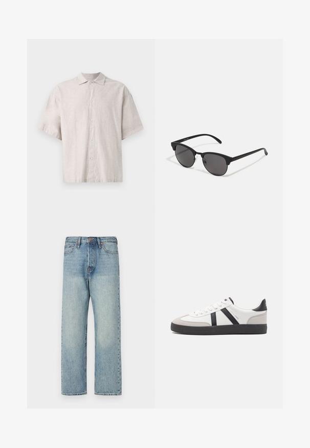 Gaisni pelēkas krāsas īsām piedurknēm krekls, izgatavots no lina. Tam ir pogājama priekšpuse, plakana apkakle un brīva piegriezuma forma ar mīkstu tekstūru.; Gai zilgani džinsi ar taisnu kāju dizainu, piecām kabatām un bronzas detaļām. Minimāla izbalēšana ar tīru apdari.; Baltas sneakeris ar melniem un pelēkiem akcentiem, kuram ir teksturēts pelēks purngals, melna gumijas zole un plakanas baltas šņores. Tīrs dizains, minimālisma stils.; Melnas saules brilles ar apaļām lēcām, matēta apdare un izteiksmīga kaķa acu forma. Šaurās kājiņas ar Discreto zīmolu uz kreisā tempļa.