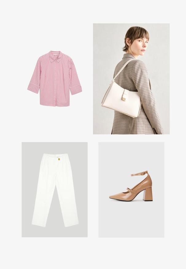 Rosa-weißer gestreifter Hemd mit Knöpfen, Kragen und Dreiviertelärmel, aus glattem Stoff mit gleichmäßig verteilten vertikalen Streifen.; Weiße, weit geschnittene Hosen aus glattem Material. Mit einem einzigen gelben Knopfverschluss und einem gefalteten Frontdesign. Keine sichtbaren Taschen.; Beige Lackleder-Pumps mit spitzem Zeh, einem Knöchelriemen und einem massiven Quadratabsatz. Glatte Textur mit glänzender Oberfläche.; Weiße Lederhandtasche mit strukturiertem Design, ausgestattet mit einem Magnetverschluss und einem Schulterriemen, präsentiert vor einem neutralen Hintergrund.