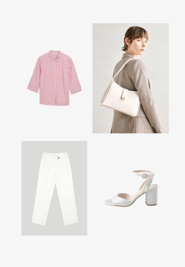 Růžová a bílá pruhovaná košile na knoflíky s límečkem a tříčtvrtečními rukávy, vyrobená z hladkého materiálu a s rovnoměrně rozmístěnými vertikálními pruhy.; Bílé kalhoty s širokým střihem vyrobené z hladké látky. Mají zapínání na jeden žlutý knoflík a sklady na přední straně. Bez viditelných kapes.; Bílé sandály na vysokém podpatku s lesklým saténovým svrškem, širokým blokovým podpatkem a kotníkovým páskem s malou sponou. Hladký povrch, minimalistický design.; Bílá kožená kabelka se strukturálním designem, s magnetickým uzávěrem a ramenním popruhem, prezentovaná na neutrálním pozadí.