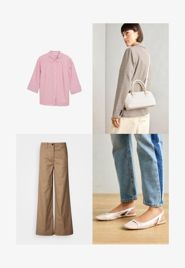 Camicia con colletto a righe rosa e bianche, con maniche a tre quarti, realizzata in un tessuto liscio e caratterizzata da righe verticali di dimensioni uniformi.; Pantaloni a gamba larga realizzati in tessuto liscio color beige. Presentano una chiusura frontale con bottone, passanti per la cintura e tasche laterali. Linee pulite senza motivi visibili.; Ballerine slingback rosa pallido con punta affusolata, realizzate in un materiale simile alla pelle liscio. Presentano dettagli a taglio sui lati e un tacco piatto.; Borsa a mano bianca strutturata con manici corti e tracolla, dotata di dettagli in metallo dorato e materiale testurizzato, esposta su uno sfondo grigio.