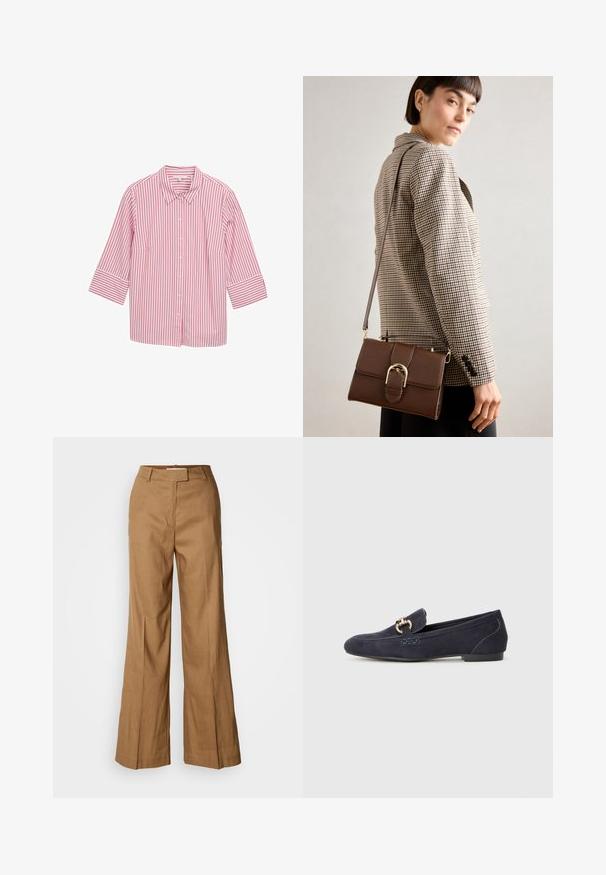 Rosa-weißer gestreifter Hemd mit Knöpfen, Kragen und Dreiviertelärmel, aus glattem Stoff mit gleichmäßig verteilten vertikalen Streifen.; Braune weite Hosen aus leichtem Stoff. Verfügt über einen flachen Bund, Gürtelschlaufen und eine taillierte Silhouette mit einem knöchellangen Schnitt.; Marineblaues Wildleder-Mokassin mit runder Zehenform, ausgestattet mit einem dekorativen Metallkettenakzent und einem niedrigen Absatz mit kontrastierenden Nähten.; Braune Leder-Crossbody-Tasche mit einer Schnalle aus goldfarbenem Metall, rechteckiger Form, glatter Textur und einem abnehmbaren Tragegurt.