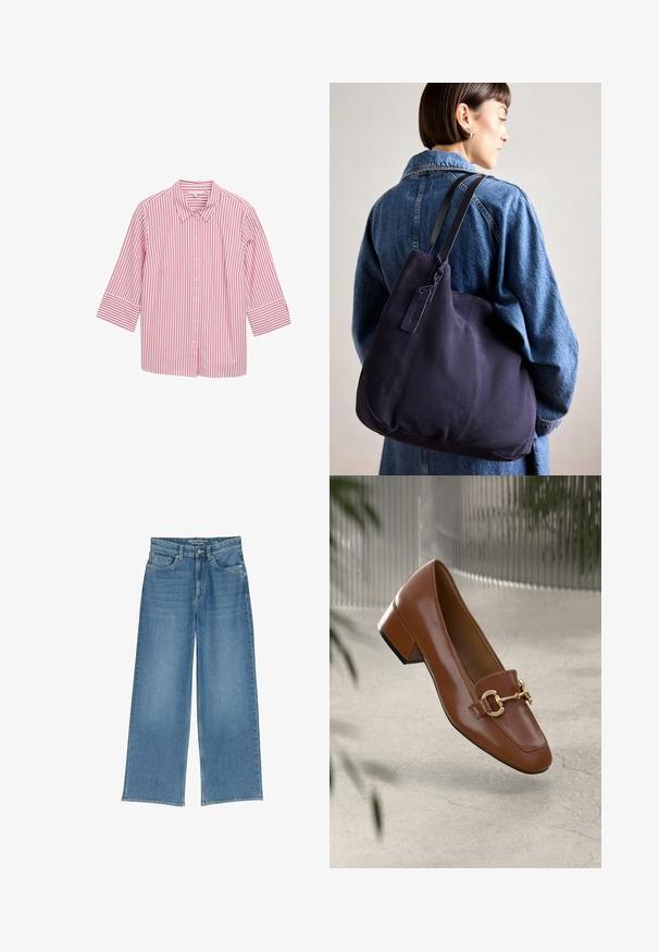 Rózsaszín és fehér csíkozott, galléros ing, háromnegyedes ujjal, sima anyagból, egyenletesen elhelyezett függőleges csíkokkal.; Világoskék, bő szabású, magas derekú farmernadrág, öt zsebbel és látható varrással; az anyag enyhén texturált felületű.; Barna lakkbőr loaferek négyzet alakú orral, fém lánc díszítéssel és alacsony blokk sarkú kialakítással; sima textúra, minimalista design.; Tengerészkék vászon válltáska, puha, struktúrált formával, fekete pánttal, varrott részletekkel és egy kis márkajelzéssel.