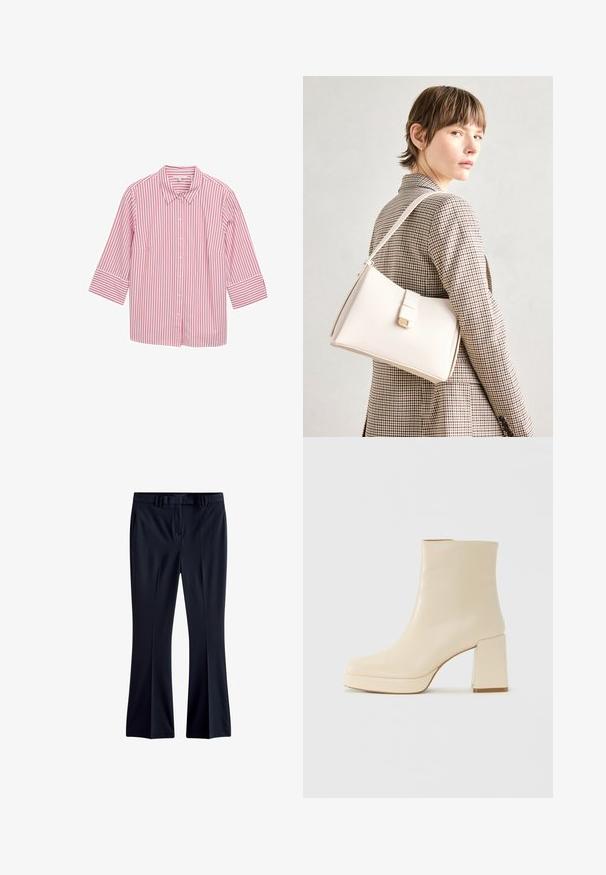 Cămașă roz și albă cu dungi, cu guler și mâneci trei sferturi, având un material neted și dungi verticale uniform spațiate.; Pantaloni evazați de culoare bleumarin, confecționați dintr-un material neted, având bucle pentru curea, buzunare laterale și un design cu fața plată. Croiala pe picior este de tip creion.; Cizmă de gleznă din piele bej, cu toc pătrat și talpă platformă, cu un finisaj neted și vârf ușor pătrat, orientată spre stânga pe fundal alb.; Geantă de mână din piele albă cu un design structurat, având o închidere magnetică și un breteau, expusă pe un fundal neutru.