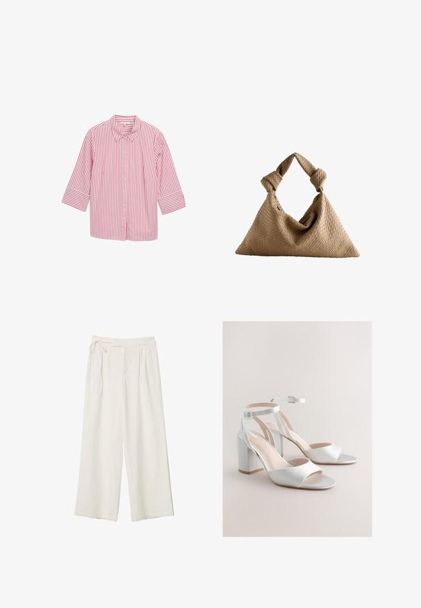 Chemise boutonnée à rayures rose et blanche avec col et manches trois-quarts, en tissu lisse et présentant des rayures verticales bien espacées.; Pantalons larges en tissu blanc cassé avec une texture lisse. Dotés d'une taille nouée et d'un devant plissé, conçus pour un ajustement décontracté.; Sandales blanches à talon carré ouvert à l'avant avec brides à la cheville et boucles argentées sur un fond beige neutre.; Sac à main en toile beige de forme triangulaire avec des poignées nouées. Surface texturée avec un motif de tissage visible. Compartiment intérieur zippé.