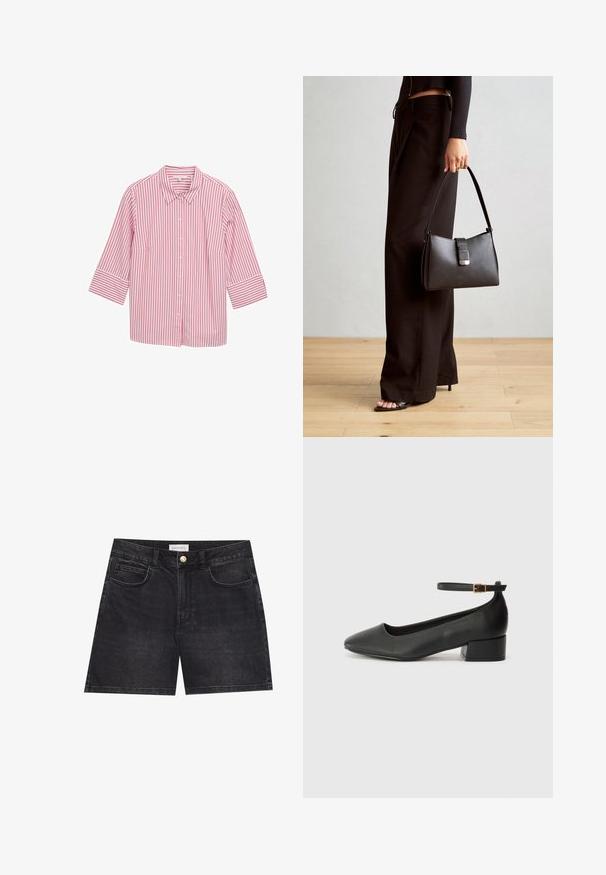 Pink and white striped button-up shirt with a collar and three-quarter sleeves, featuring a smooth fabric and evenly spaced vertical stripes.; Black denim shorts featuring a classic five-pocket design, single button closure, and straight leg cut. Smooth texture with subtle stitching details.; Black leather pump with a pointed toe and a low block heel. Features an ankle strap with a gold-tone buckle. Smooth texture.; Black handbag with structured shape, smooth texture, and a metallic clasp. Paired with wide black pants and open-toe sandals on wooden floor.