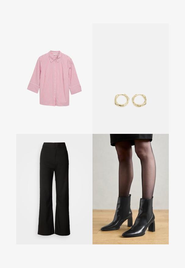 Roosa ja valge triibuline särgike, millel on krae ja kolmeveerandsleeved, silmadele meeldivast kangast ja ühtlaselt paigutatud vertikaalsete triipudega.; Mustad laiad püksid sujuva tekstuuriga, kõrge vöökoht ja puhas disain. Ei ole nähtavaid taskuid ega dekoreerimist.; Mustad mustad jalanõud terava ninaga, paksu ruudukujulise kontsaga ja saleda disainiga. Omavad elastseid külgpaneele mugavaks selga tõmbamiseks.; Kuldsete rõngaskõrvarõngaste tekstuuriga, ebakorrapärane kuju. Omab sujuvat lukustust ja poleeritud pinnatöötlust, rõhutades kaasaegset disaini.