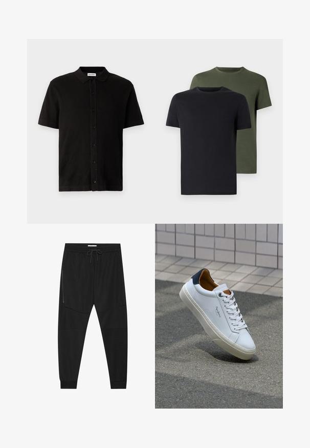 Čierny polokošeľa s krátkym rukávom z textúrovanej látky s gombíkovou prednou časťou a klasickým golierom. Má rovný lem.; Dvé tričká s okrúhlym výstrihom v čiernej a olivovej zelenej farbe, vyrobené z mäkkej bavlnenej látky. Dizajn je jednoduchý s krátkymi rukávmi a rovný strih.; Čierne športové nohavice z texturovanej tkaniny, so nastaviteľným pásom, bočným vreckom na zips a zúženými manžetami.; Biele kožené tenisky s námorníckym opätkom, okrúhlou špičkou a kontrastnými hnedými akcentami. Majú ploché šnúrky a textúrovanú gumovú podrážku.