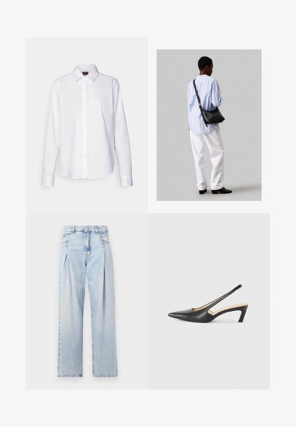 Bílé košile s dlouhými rukávy, zapínání na knoflíky, vyrobené z bavlny. Má klasický límec a diskrétní vyšívané logo na hrudi. Hladká textura.; Světlé modré džíny z denimu s vysokým pasem, širokým střihem, dvěma bočními kapsami a nařaseným designem. Měkká textura s vybledlým povrchem.; Černý špičatý slingback s nízkým podpatkem, vyrobený z hladké kůže, s výřezem na boku pro lepší prodyšnost.; Černá kožená kabelka přes rameno s jemnou texturou, trojúhelníkovým tvarem a nastavitelným popruhem, v kombinaci se světle modrou pruhovanou košilí a bílými kalhotami.