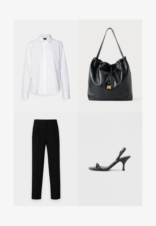 Balta garo piedurkņu krekls ar pogām, izgatavots no kokvilnas. Iekļauj klasisku apkakli un smalku zīmola izšuvumu uz krūtīm. Gluda tekstūra.; Melnas pielāgotas bikses ar taisnu piegriezumu, ar plecu priekšpusi, pulētu audumu un vidēju jostasvietu. Nav redzamu kabatu vai detaļu.; Melnas ādas augstpapēžu sandales ar plānu, izliekta formas papēdi un krustenisku siksnu dizainu. Regulējama potītes siksna. Gluda tekstūra.; Melnas ādas zīmogs ar gludu tekstūru, savilktā augšdaļa un izsmalcināta zelta apdare. Iebūvēta viena izturīga siksna un iešūts logotips.