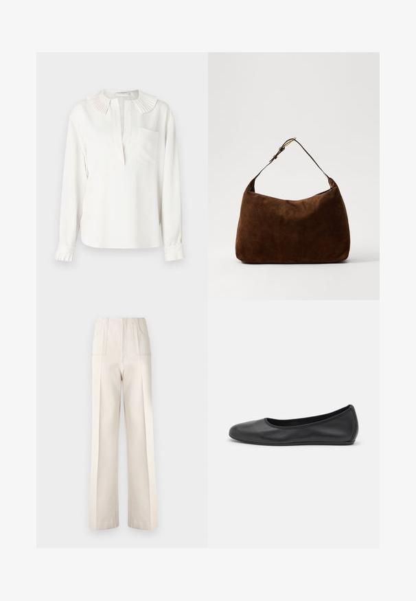 Bluză albă cu mâneci lungi, cu guler plisat, placket frontal și un singur buzunar pe piept. Prezintă manșete strânse cu detalii plisate.; Pantaloni bej cu picioare late și talie înaltă, cu două buzunare frontale și detalii de cusătură vizibile. Fabri ca dintr-un material neted și ușor.; Balerini din piele neagră, cu vârf rotund, textură netedă, detalii de cusătură minimale și un design al tălpii flexibil.; Geantă hobo din suede maro, cu o formă curbată, un singur unghiere ajustabil și un accent de metal auriu pe unghiere. Textura moale pe întreaga suprafață.